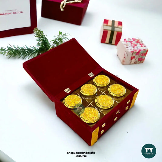 Golden Oxidised Velvet Dry Fruit Box with 6 Glass Jars 10x7 | ShopBeat