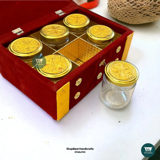 Golden Oxidised Velvet Dry Fruit Box with 6 Glass Jars 10x7 | ShopBeat