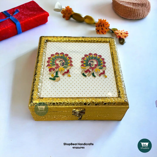 Golden Oxidised Silk Dry Fruit Box with 4 Glass Jars 8x8 | ShopBeat