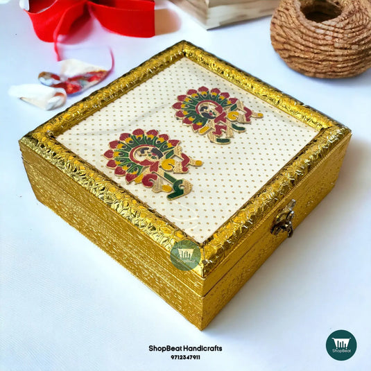 Golden Oxidised Silk Dry Fruit Box with 4 Glass Jars 8x8 | ShopBeat