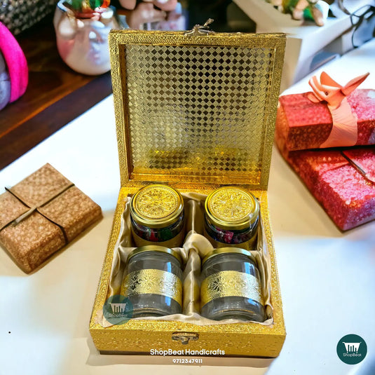 Golden Oxidised Silk Dry Fruit Box with 4 Glass Jars 8x8 | ShopBeat