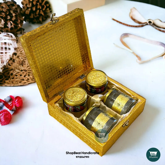 Golden Oxidised Silk Dry Fruit Box with 4 Glass Jars 8x8 | ShopBeat