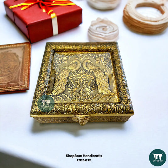Golden Oxidised Dry Fruit Box – Double Peacock Design 6x6 | ShopBeat