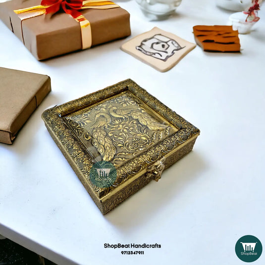 Golden Oxidised Dry Fruit Box – Double Peacock Design 6x6 | ShopBeat
