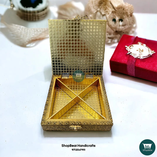 Golden Oxidised Dry Fruit Box – Double Peacock Design 6x6 | ShopBeat