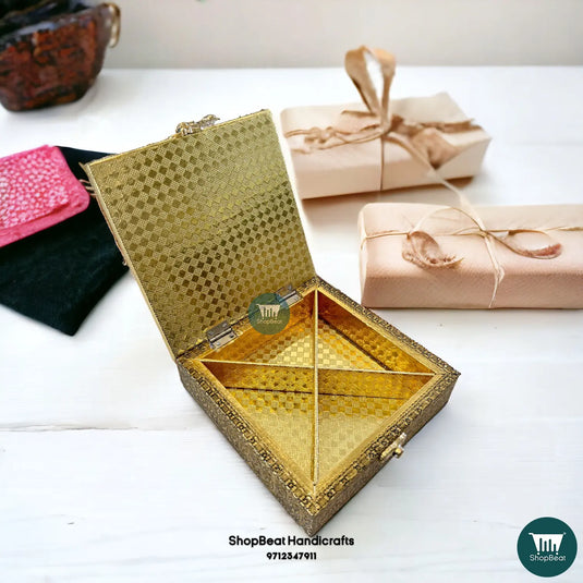 Golden Oxidised Dry Fruit Box – Double Peacock Design 6x6 | ShopBeat