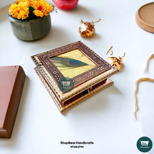 Copper Oxidised Dry Fruit Box – Peacock Feather Design 6x6 | ShopBeat