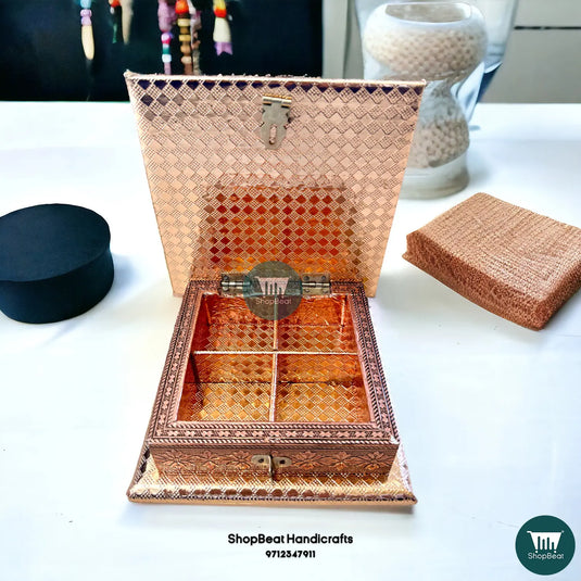 Copper Oxidised Dry Fruit Box – Peacock Feather Design 6x6 | ShopBeat
