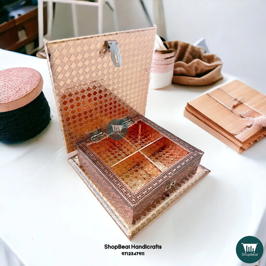 Copper Oxidised Dry Fruit Box – Peacock Feather Design 6x6 | ShopBeat