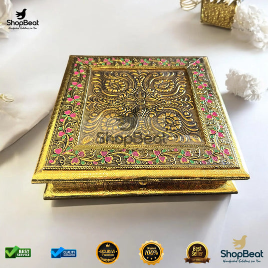 Golden Oxidised Wooden Dry Fruit Box – Flower Design 10x10 | ShopBeat