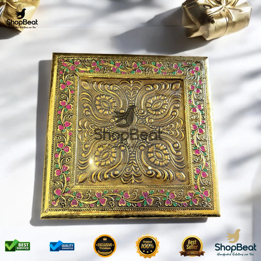 Golden Oxidised Wooden Dry Fruit Box – Flower Design 10x10 | ShopBeat