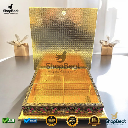 Golden Oxidised Wooden Dry Fruit Box – Flower Design 10x10 | ShopBeat
