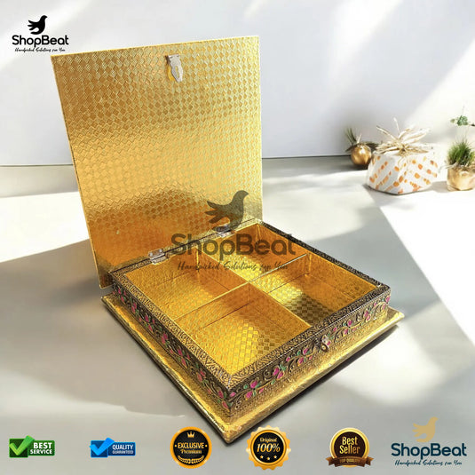 Golden Oxidised Wooden Dry Fruit Box – Flower Design 10x10 | ShopBeat