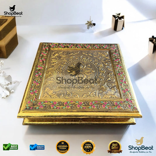 Golden Oxidised Wooden Dry Fruit Box – Flower Design 12x12 | ShopBeat