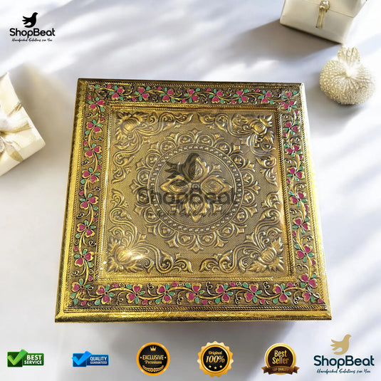 Golden Oxidised Wooden Dry Fruit Box – Flower Design 12x12 | ShopBeat