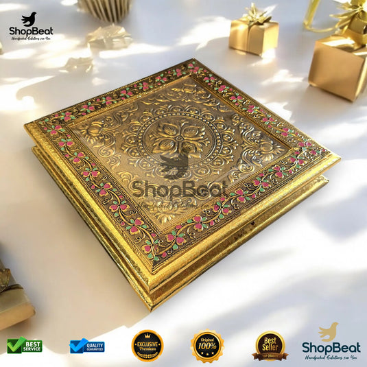Golden Oxidised Wooden Dry Fruit Box – Flower Design 12x12 | ShopBeat