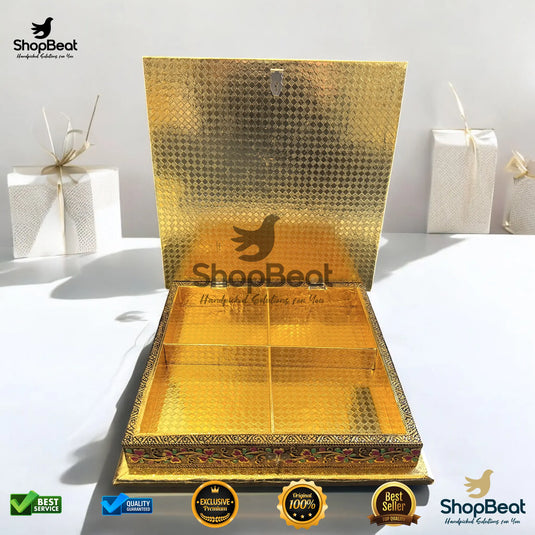 Golden Oxidised Wooden Dry Fruit Box – Flower Design 12x12 | ShopBeat