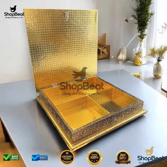 Golden Oxidised Wooden Dry Fruit Box – Flower Design 12x12 | ShopBeat