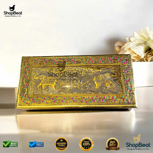 Golden Oxidised Wooden Dry Fruit Box – Elephant Design 15x7 | ShopBeat