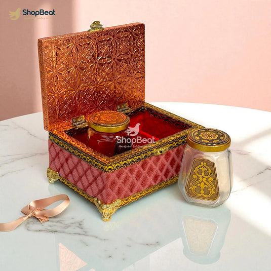 Pink Velvet Dry Fruit Gift Box with 2 Glass Jars