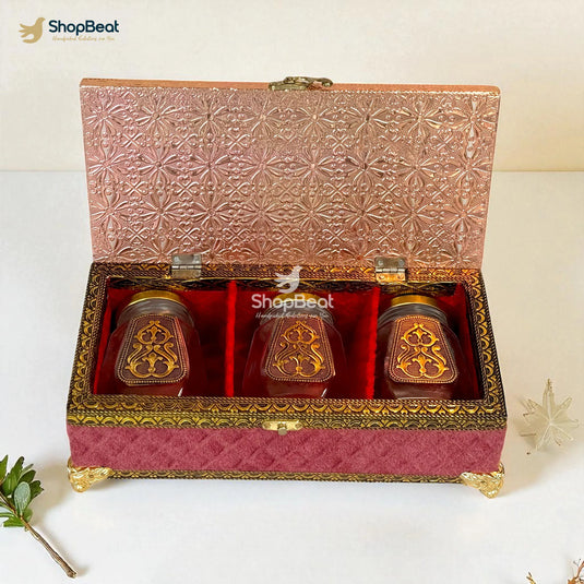 Pink Velvet Dry Fruit Box with 3 Glass Jars