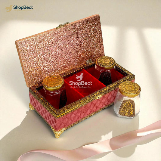 Pink Velvet Dry Fruit Box with 3 Glass Jars