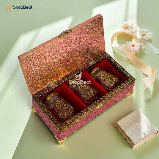 Pink Velvet Dry Fruit Box with 3 Glass Jars