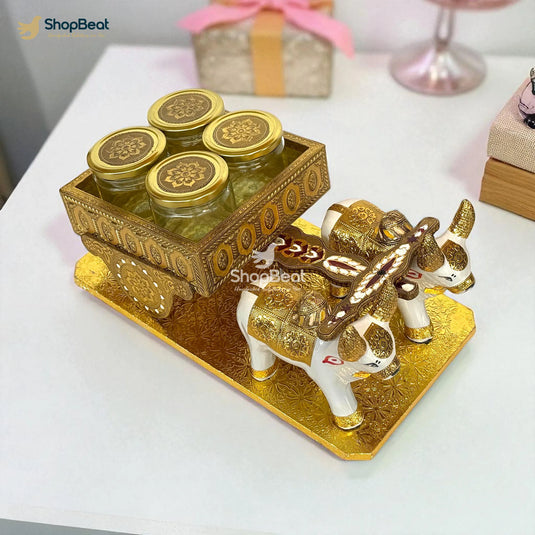 Golden Oxidised Bullock Cart Dry Fruit Box – Decorative Wooden Gift Box | ShopBeat