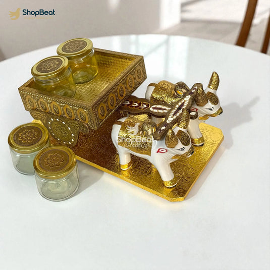 Golden Oxidised Bullock Cart Dry Fruit Box – Decorative Wooden Gift Box | ShopBeat