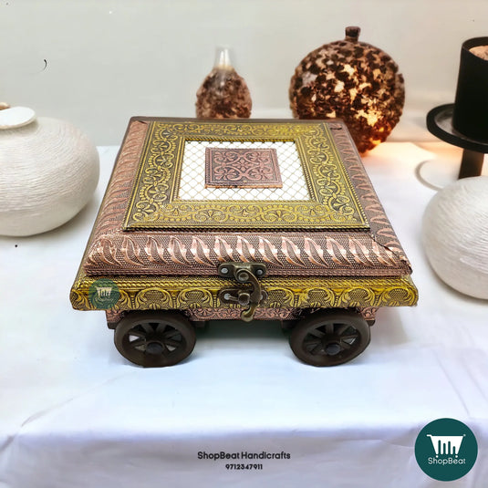 Golden-Copper Oxidised Wooden Dry Fruit Box – 4-Wheel Cart Design 8x8 | ShopBeat