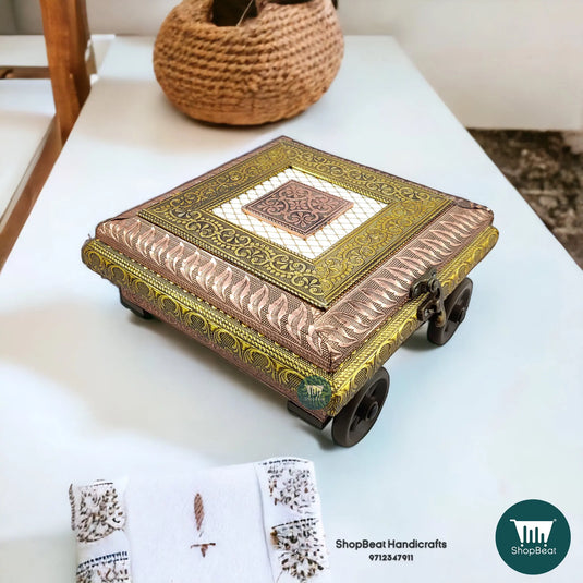 Golden-Copper Oxidised Wooden Dry Fruit Box – 4-Wheel Cart Design 8x8 | ShopBeat