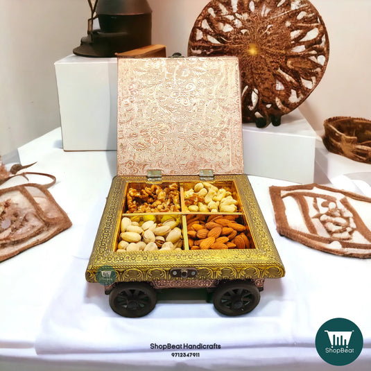 Golden-Copper Oxidised Wooden Dry Fruit Box – 4-Wheel Cart Design 8x8 | ShopBeat