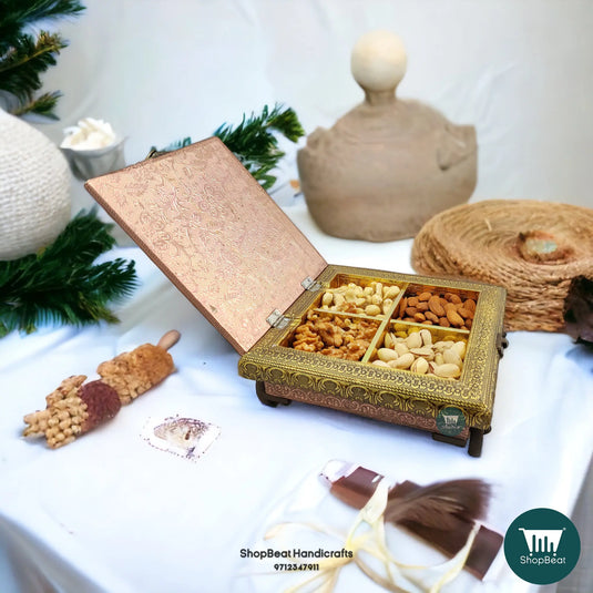Golden-Copper Oxidised Wooden Dry Fruit Box – 4-Wheel Cart Design 8x8 | ShopBeat