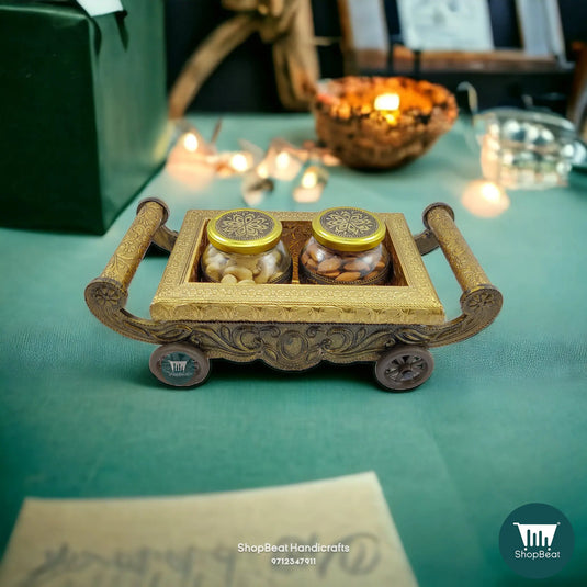 Golden Oxidised Wooden Dry Fruit Box – 4-Wheel Cart with 2 Glass Jars 13x6 | ShopBeat