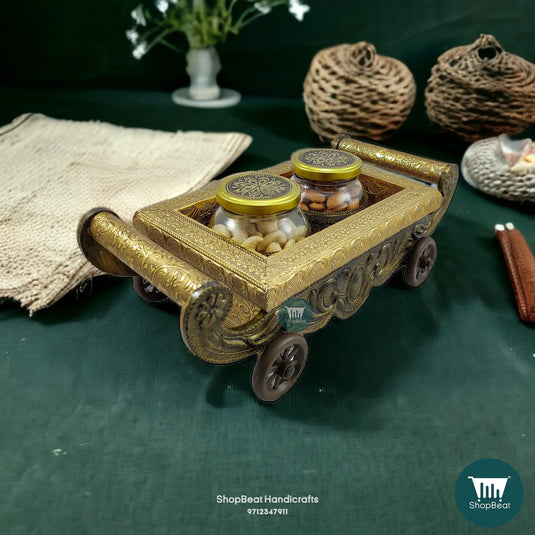 Golden Oxidised Wooden Dry Fruit Box – 4-Wheel Cart with 2 Glass Jars 13x6 | ShopBeat