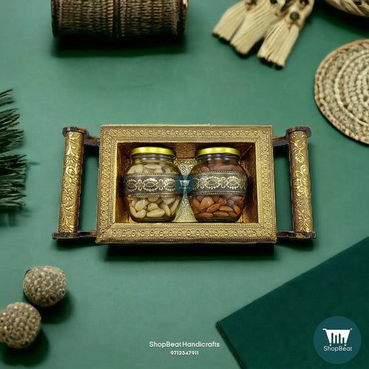 Golden Oxidised Wooden Dry Fruit Box – 4-Wheel Cart with 2 Glass Jars 13x6 | ShopBeat