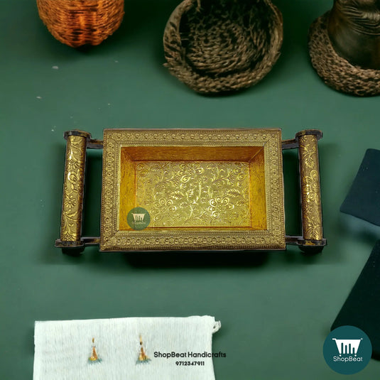 Golden Oxidised Wooden Dry Fruit Box – 4-Wheel Cart with 2 Glass Jars 13x6 | ShopBeat