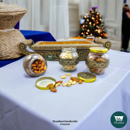 Golden Oxidised Wooden Dry Fruit Box – 4-Wheel Cart with 3 Glass Jars 17x6 | ShopBeat
