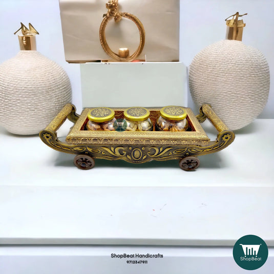 Golden Oxidised Wooden Dry Fruit Box – 4-Wheel Cart with 3 Glass Jars 17x6 | ShopBeat