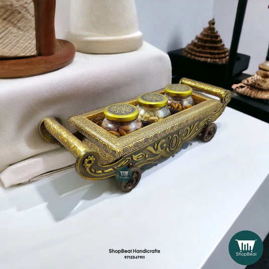 Golden Oxidised Wooden Dry Fruit Box – 4-Wheel Cart with 3 Glass Jars 17x6 | ShopBeat