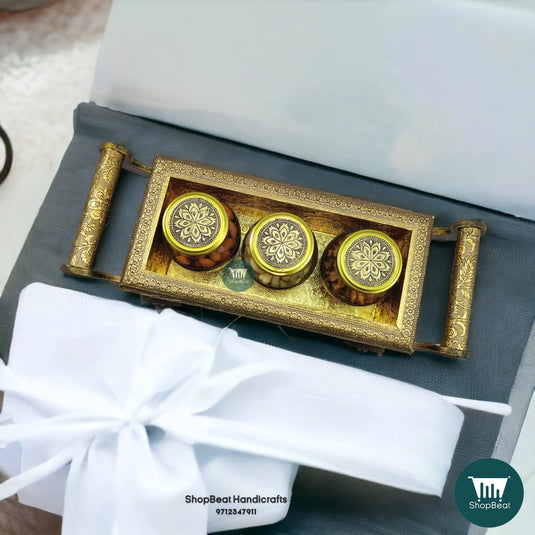 Golden Oxidised Wooden Dry Fruit Box – 4-Wheel Cart with 3 Glass Jars 17x6 | ShopBeat