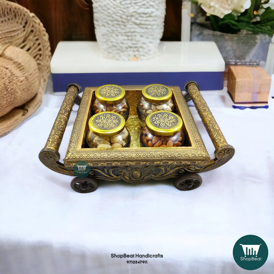 Golden Oxidised Wooden Dry Fruit Box – 4-Wheel Cart with 4 Glass Jars 12x10 | ShopBeat