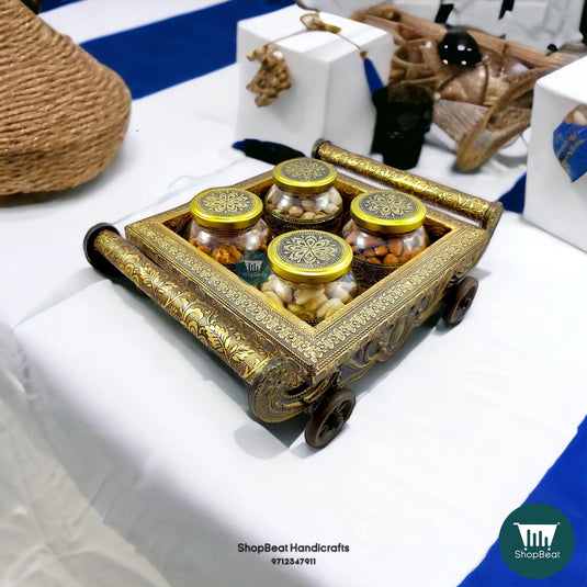 Golden Oxidised Wooden Dry Fruit Box – 4-Wheel Cart with 4 Glass Jars 12x10 | ShopBeat