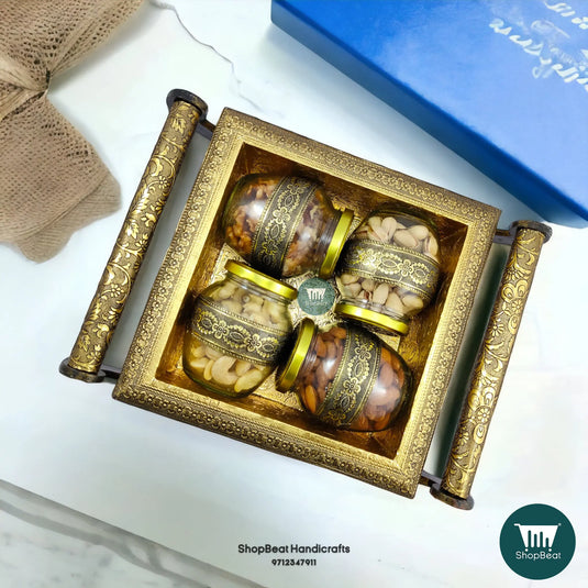 Golden Oxidised Wooden Dry Fruit Box – 4-Wheel Cart with 4 Glass Jars 12x10 | ShopBeat