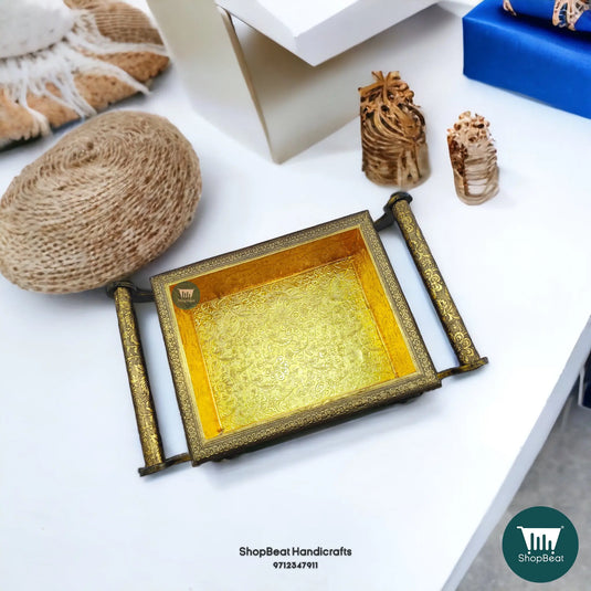 Golden Oxidised Wooden Dry Fruit Box – 4-Wheel Cart with 4 Glass Jars 12x10 | ShopBeat