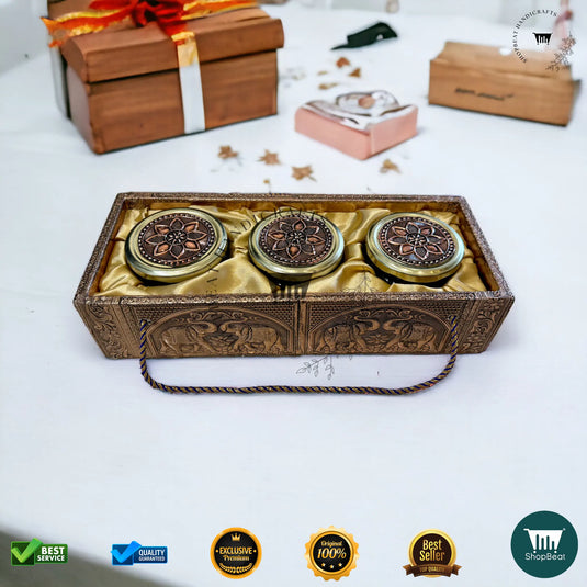 Copper Oxidised Decorative Dry Fruit Tray – Elephant Design with 3 Glass Jars | ShopBeat