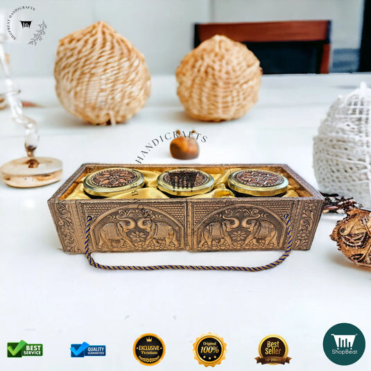 Copper Oxidised Decorative Dry Fruit Tray – Elephant Design with 3 Glass Jars | ShopBeat