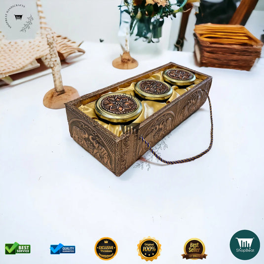 Copper Oxidised Decorative Dry Fruit Tray – Elephant Design with 3 Glass Jars | ShopBeat