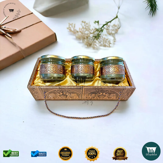Copper Oxidised Decorative Dry Fruit Tray – Elephant Design with 3 Glass Jars | ShopBeat
