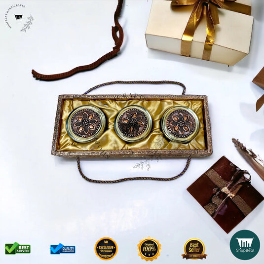 Copper Oxidised Decorative Dry Fruit Tray – Elephant Design with 3 Glass Jars | ShopBeat